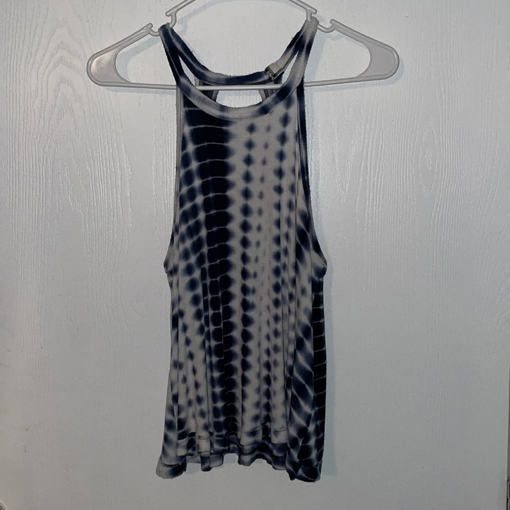 Navy blue and white ty dye tank top with cut out on the back.